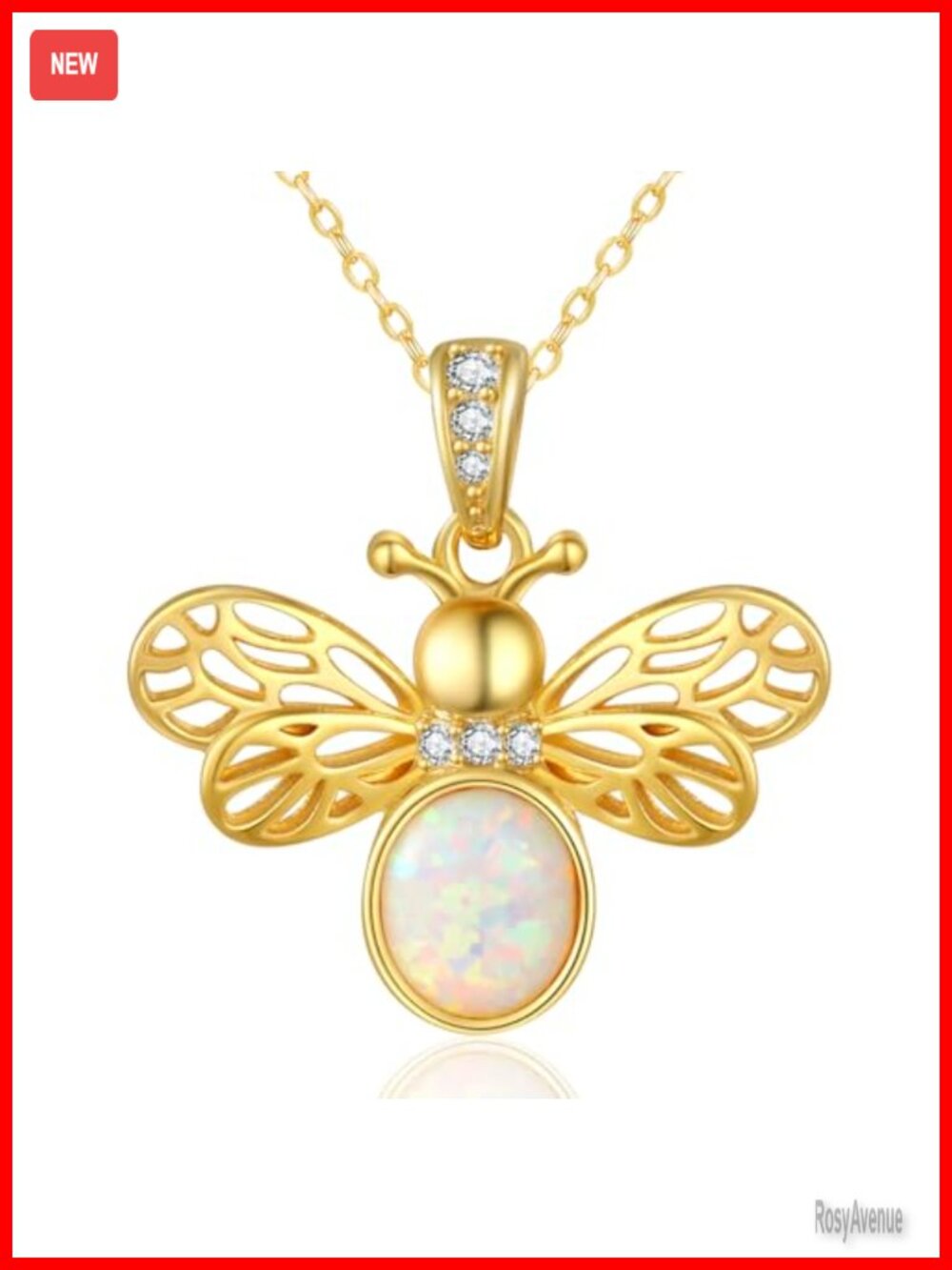 14K Gold Plated Bee Pendant Necklace with Natural Opal Adjustable Chain